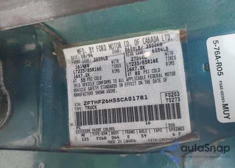 1995 Ford F250 z USA, uszkodzony, nr VIN 2FTHF26H5SCA01781